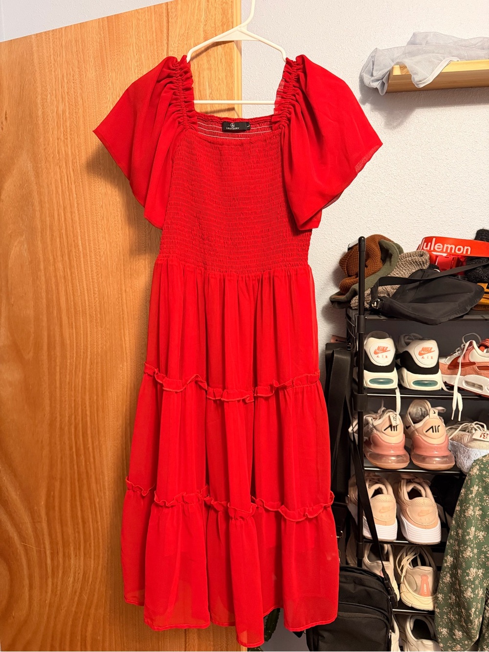 Red Tiered Smocked Midi Dress - , Women's Summer Dress